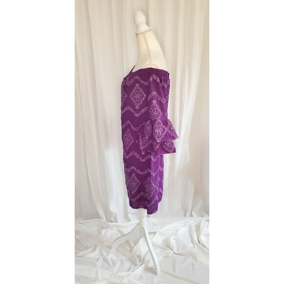 Boston Proper Womens Off Shoulder Dress Size Sm Purple Metallic Lace Bell Sleeve - Picture 3 of 16